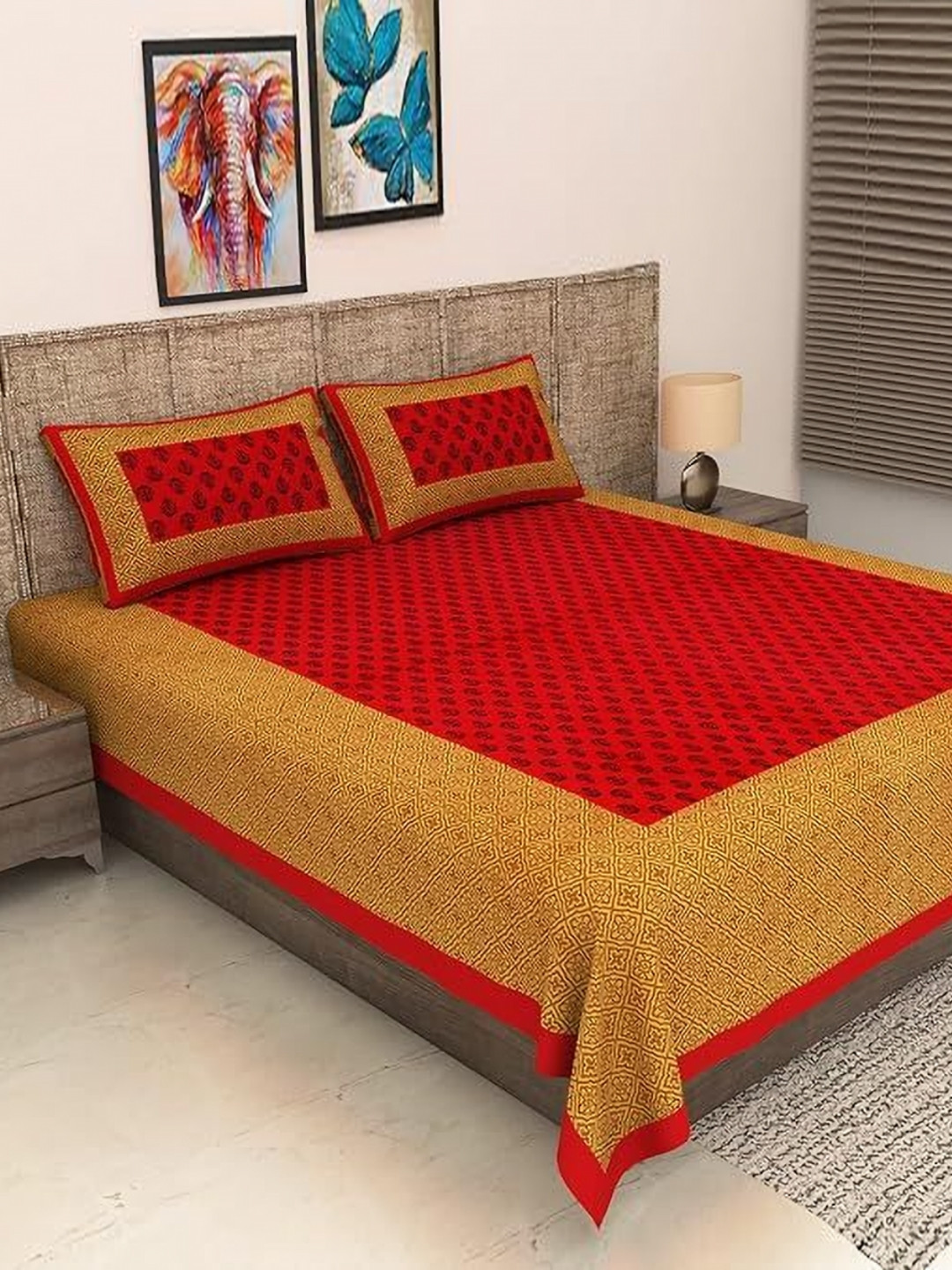 METRO LIVING Red Ethnic Motifs Cotton 104 TC Queen Bedsheet with 2 Pillow Covers-93 x 83 inches
