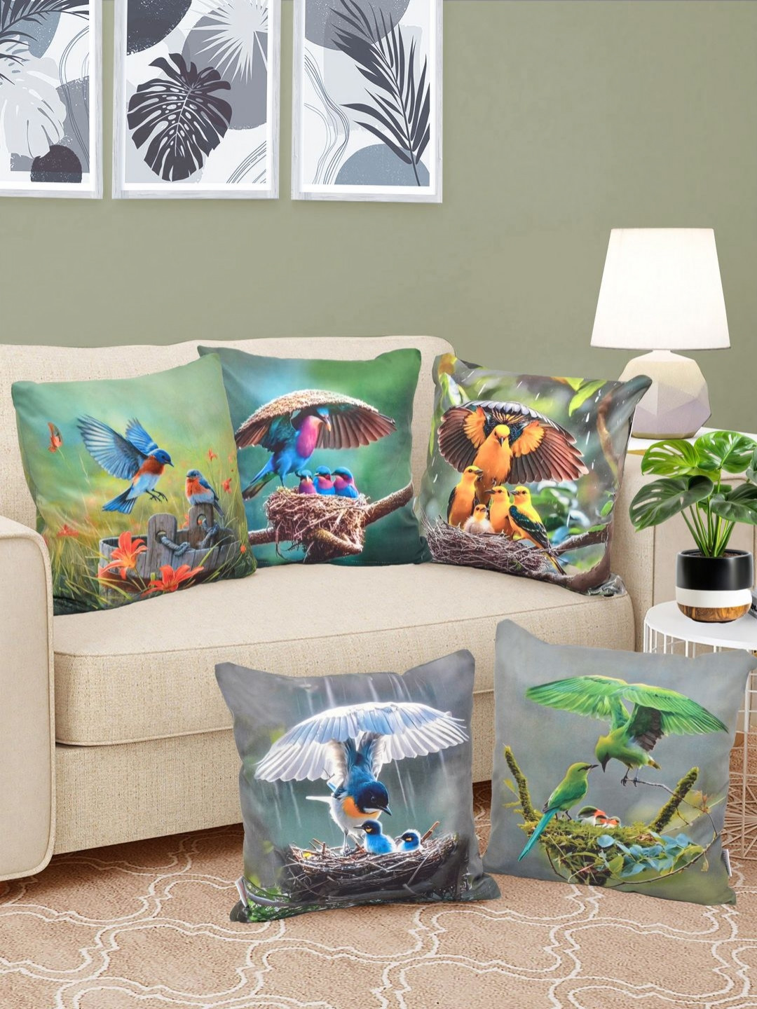 FABINALIV Digital Graphic Velvet Reversible 5 Pcs Square Cushion Covers - 15.7 x 15.7 In