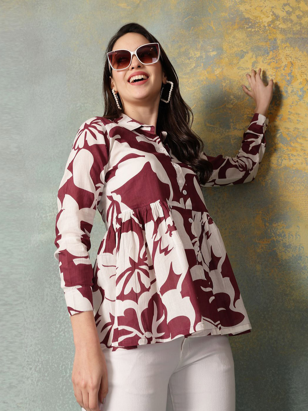 God Bless Print Cotton Shirt Style Top