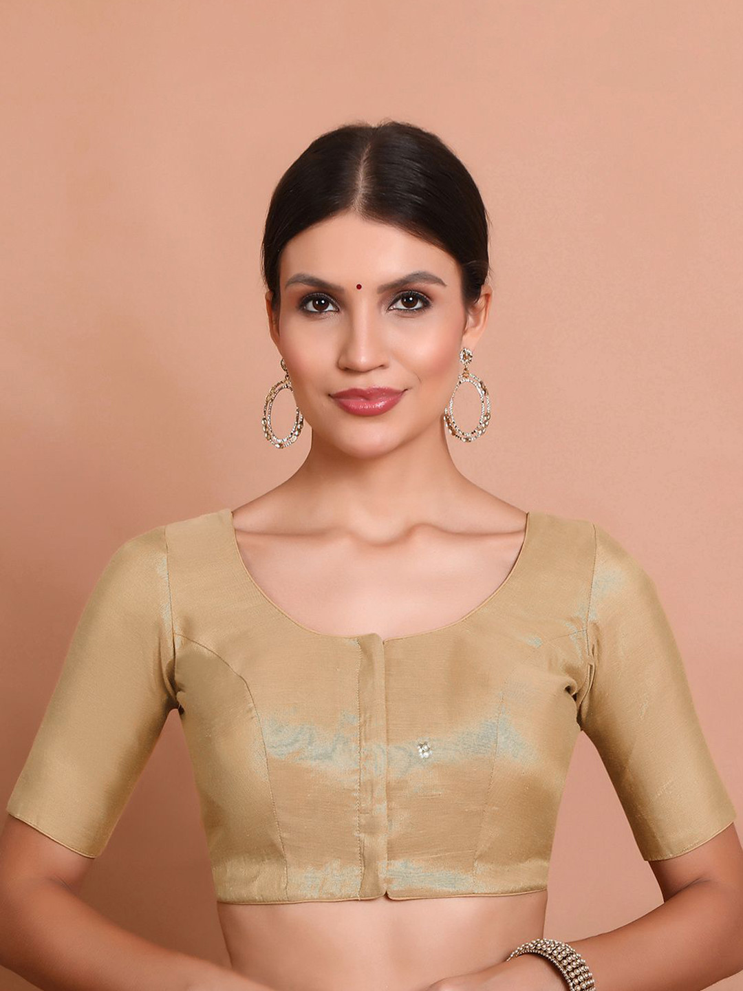 SALWAR STUDIO Light Gold Solid Round Neck Padded Saree Blouse
