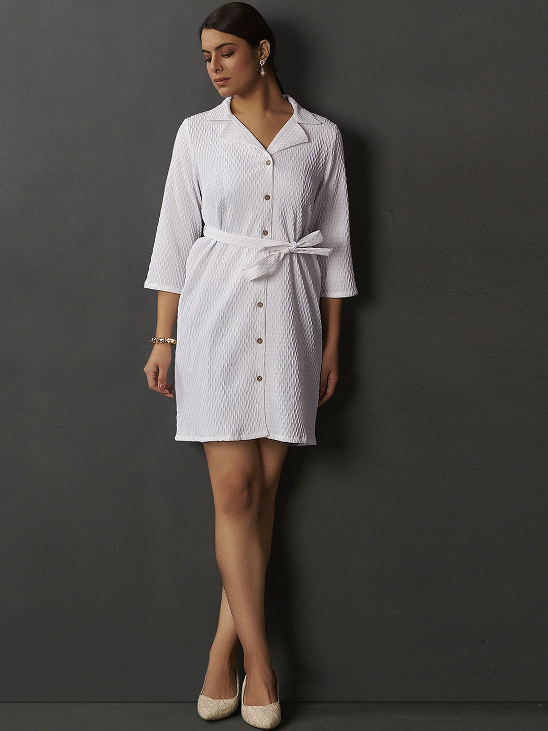 Anouk Women Ribbed Shirt Collar Shirt Style Mini Dress Comes with Belt