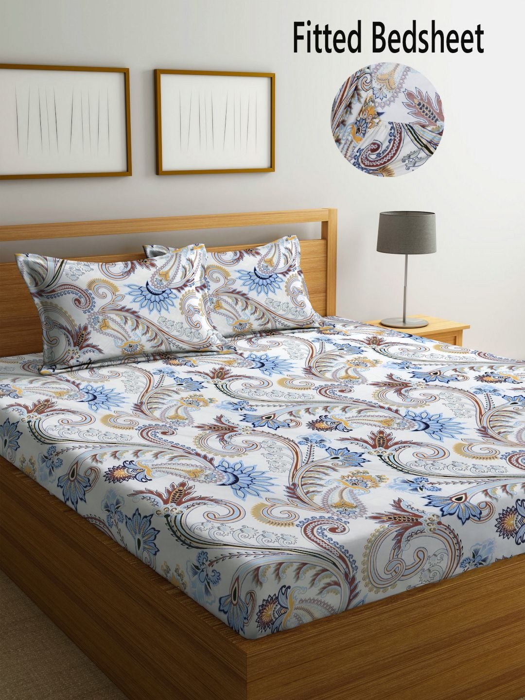 Myntra Elegant Homes White Floral 300 TC Fitted King Fine Bedsheet With 2 Pillow Covers