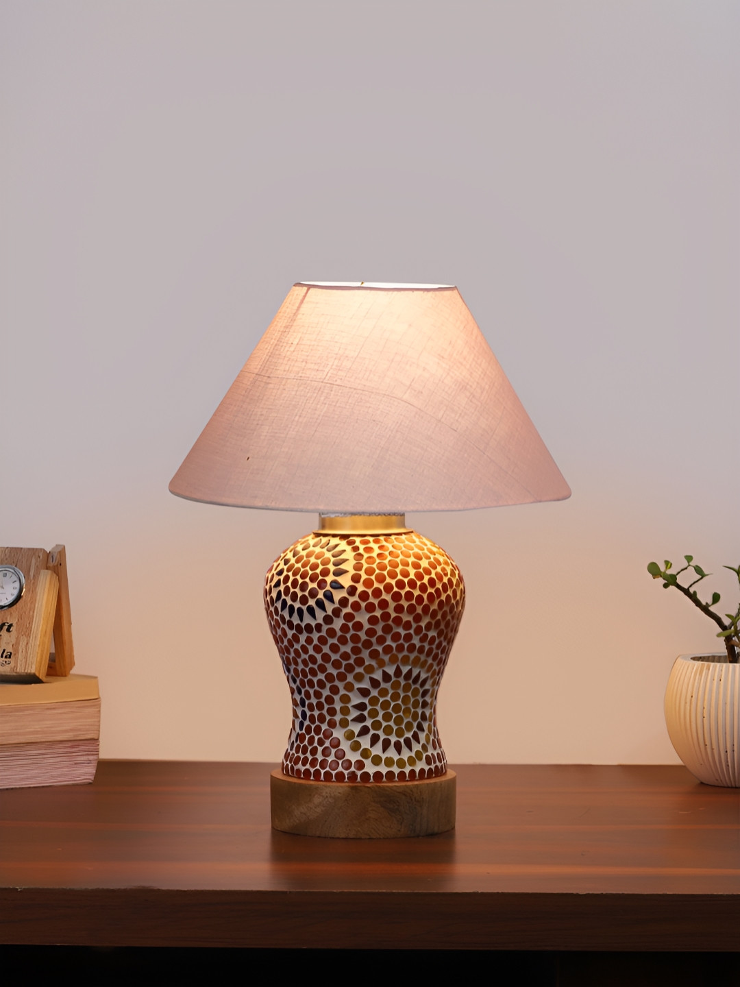 Aura Conical Grey & White Printed Glass Frustum Shaped Table Lamp