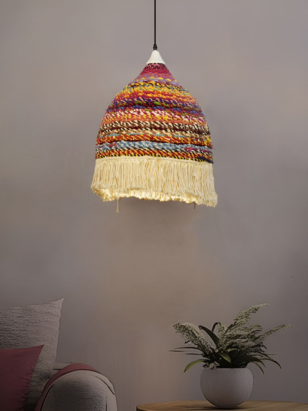 Fos Lighting Red & Yellow Printed Repurposed Fabric & Macrame Dome Pendant Ceiling Lamp
