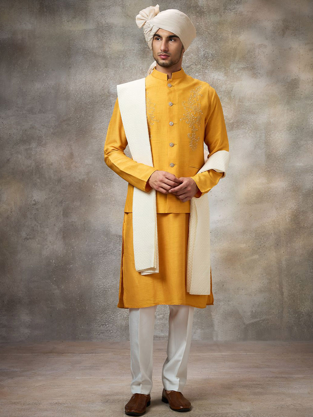 Rivaar By Rocky Star Mandarin Collar Kurta With Pyjamas & Nehru jacket & Dupatta