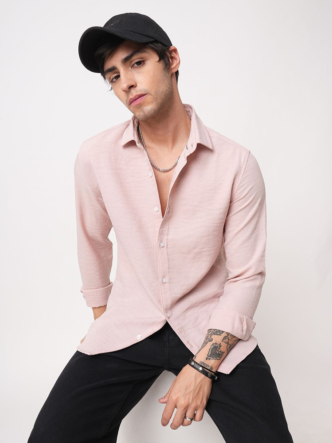VASTRADO Men Pastel Peach Slub Textured Shirt
