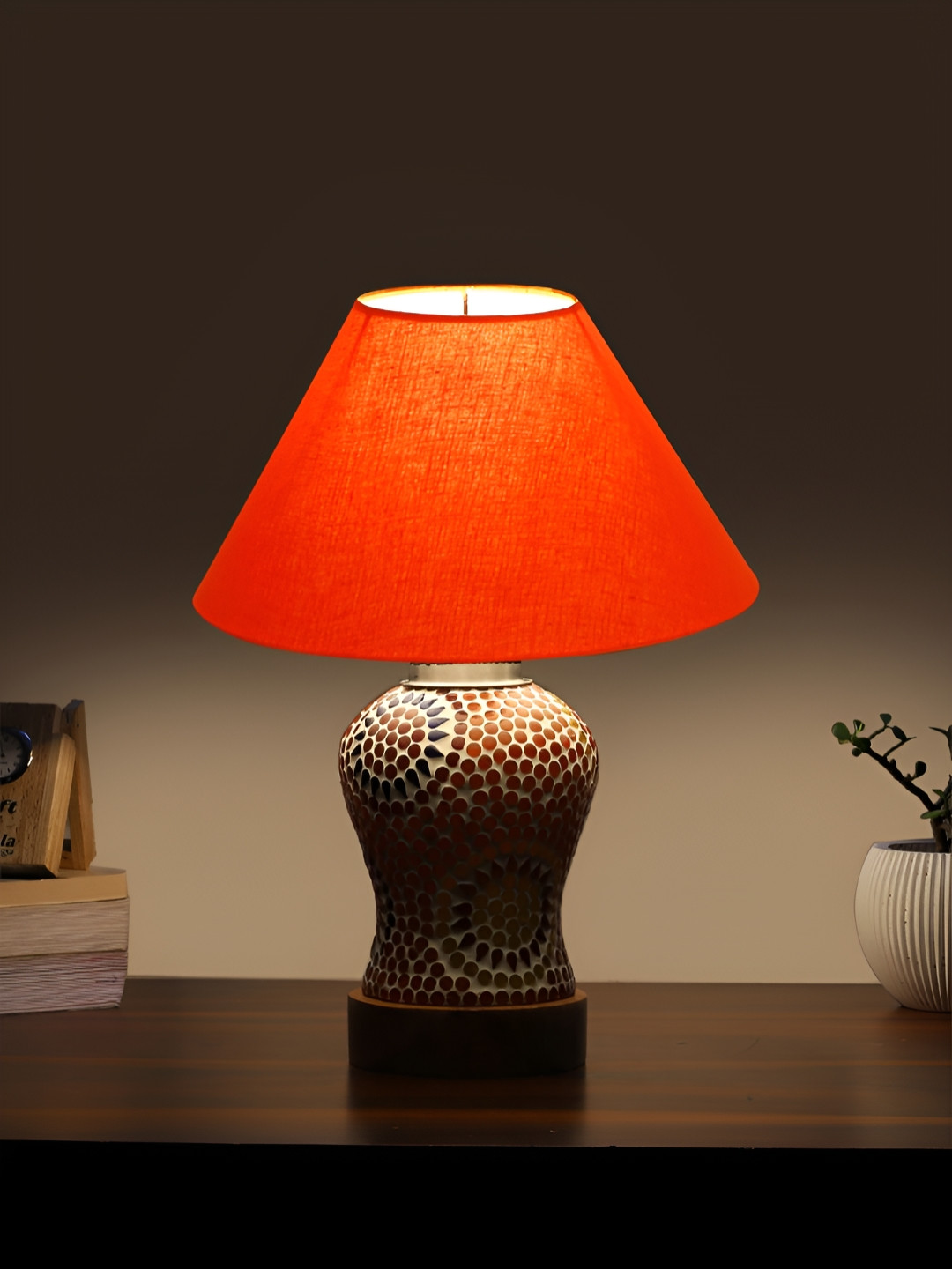 Aura Conical Orange Colored & Red Printed Glass Frustum Shaped Table Lamp