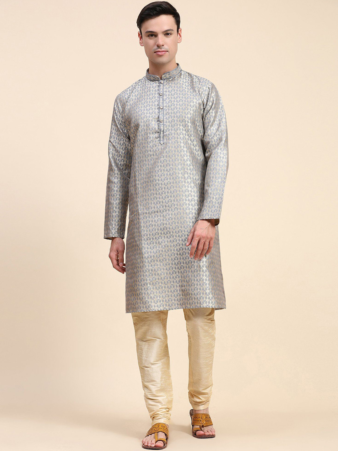 Moda Rapido Ethnic Motifs Woven Design Mandarin Collar Art Silk Straight Kurta & Churidar