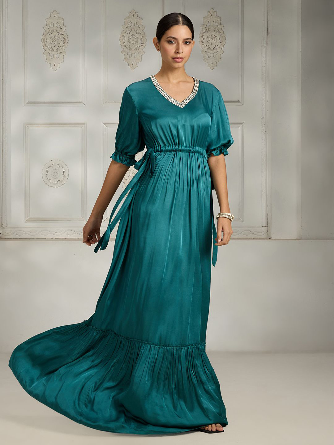 Rivaar By Rocky Star V- Neck  Puff Sleeves Satin Dress