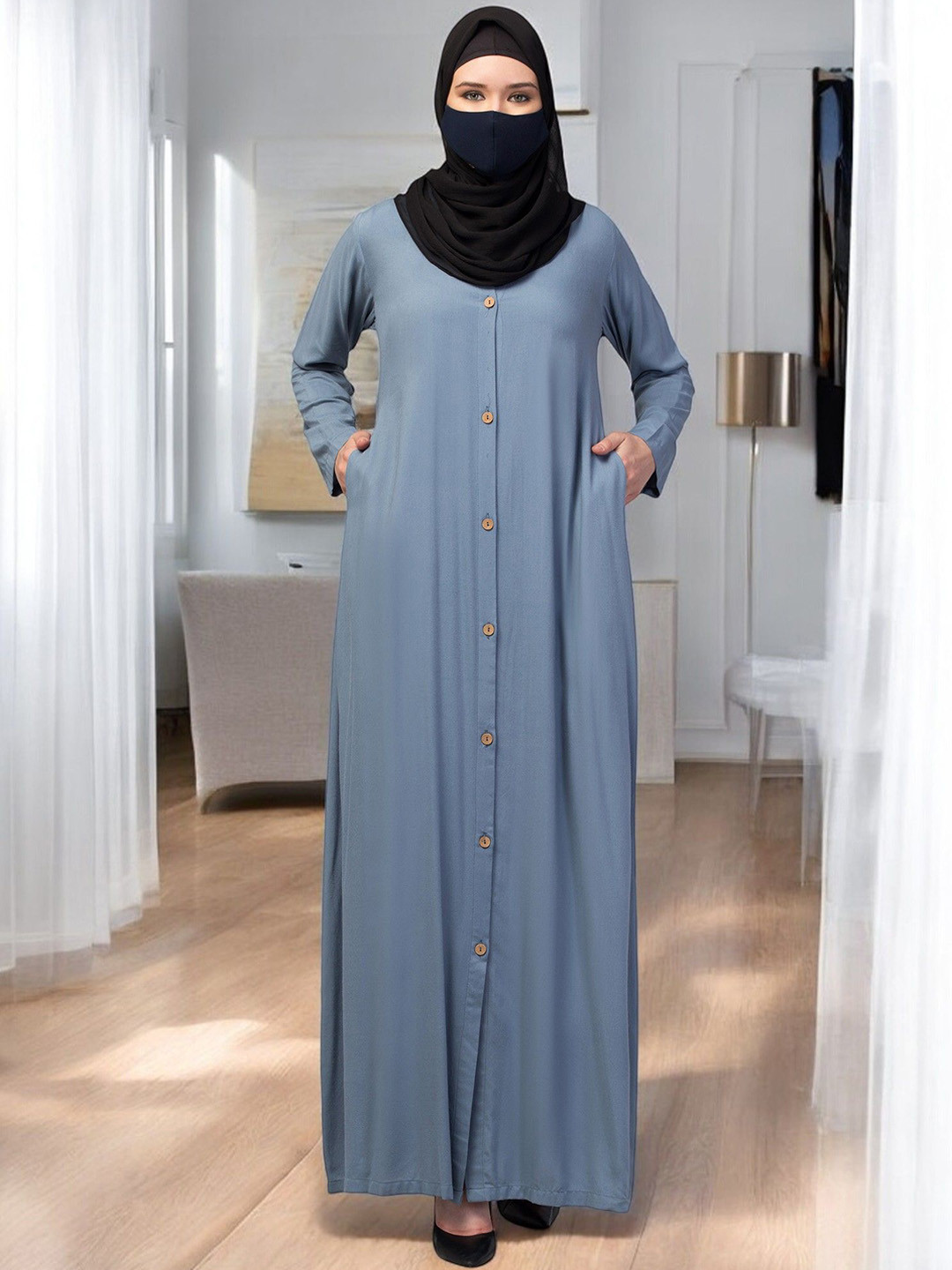 BASHARIYA Round Neck Front Open Abaya With Wooden Button