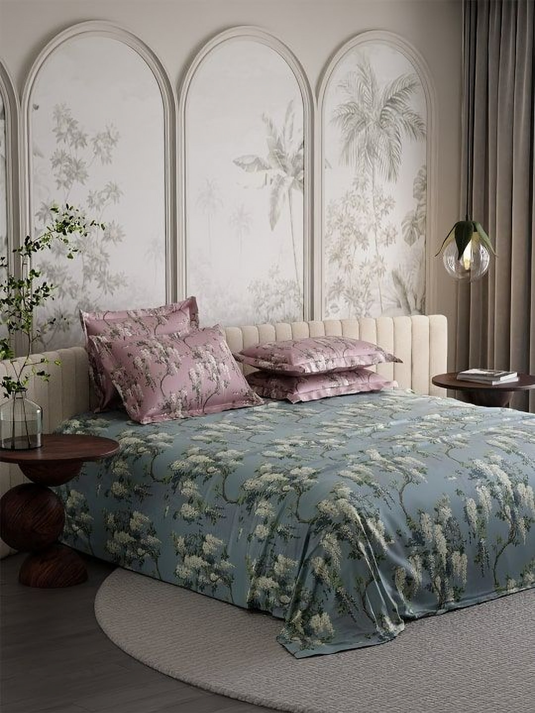 Stoa Paris French Bloom Blue Leaf Pure Cotton 300 TC King Fine Bedsheet with 4 Pillow Covers-108 x 108 inches