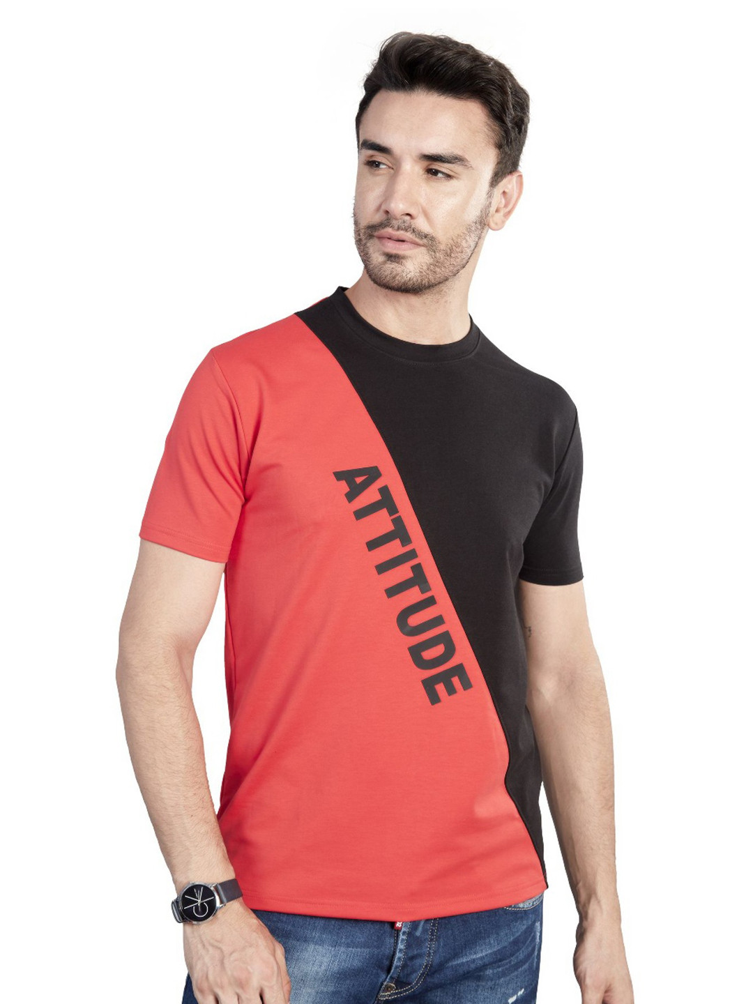 ATTITUDE Men Colourblocked Round Neck Regular Fit T-shirt