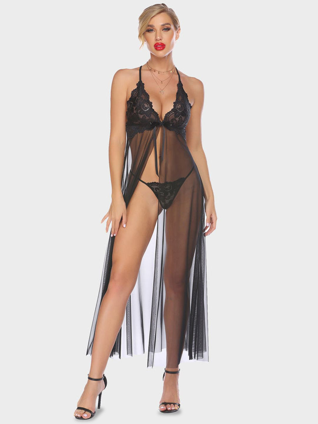 TrendVerse Women Lace High Split Baby Doll With Brief