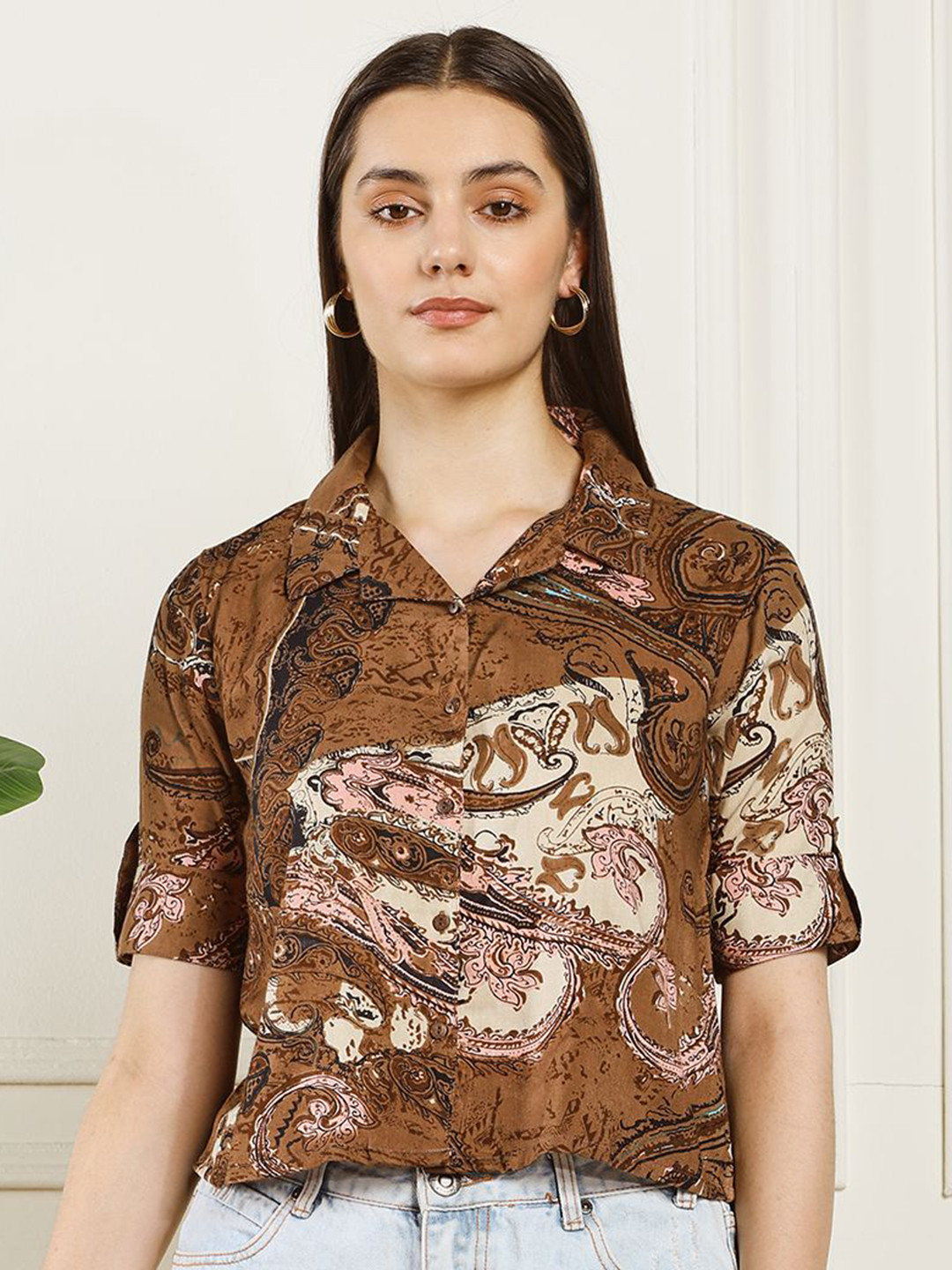 HANDICRAFT PALACE Print Roll-Up Sleeves Cotton Tank Crop Top