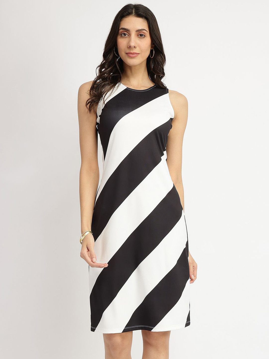 FableStreet Striped Knit Shift Women Dress Black and White