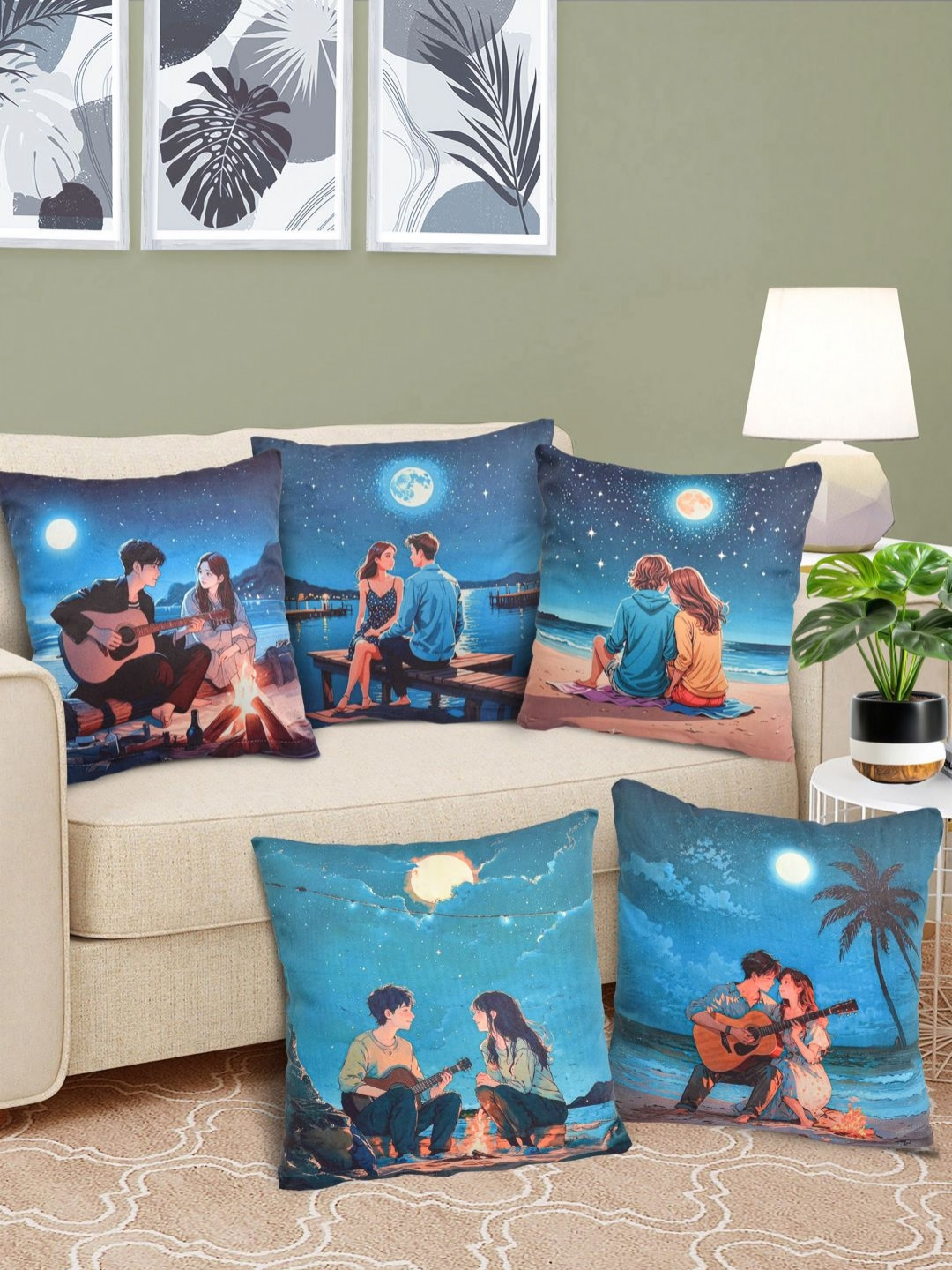 FABINALIV Abstract Blue Graphic Velvet Reversible 5 Piece Square Cushion Covers -16x16In