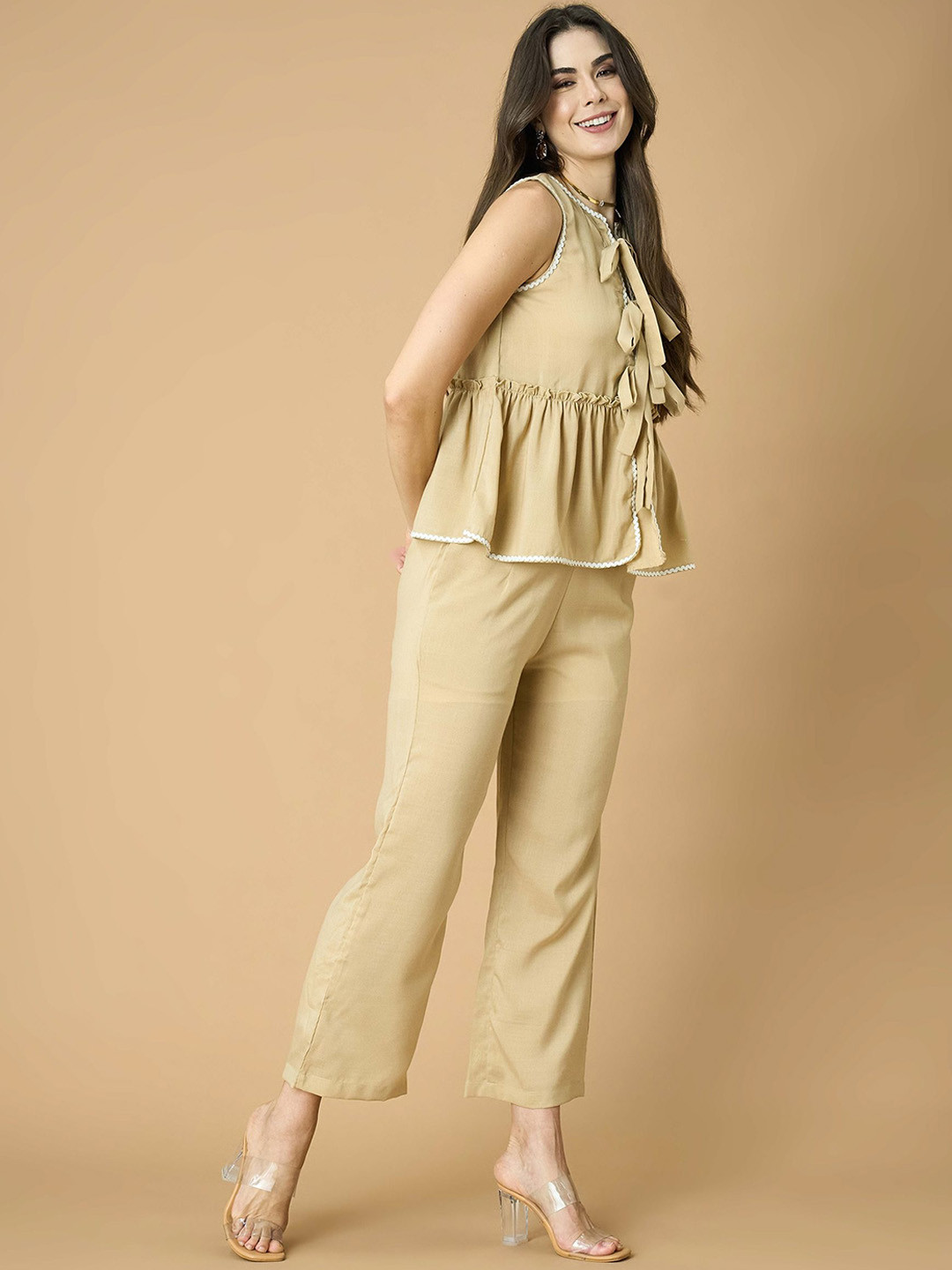 all about you Trendy Tie-Up & Lace Details Round Neck Top With Trousers