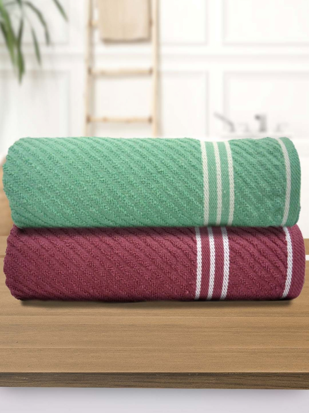 Myntra Elegant Homes Green And Maroon 2 Pieces Cotton 400 GSM Bath Towels