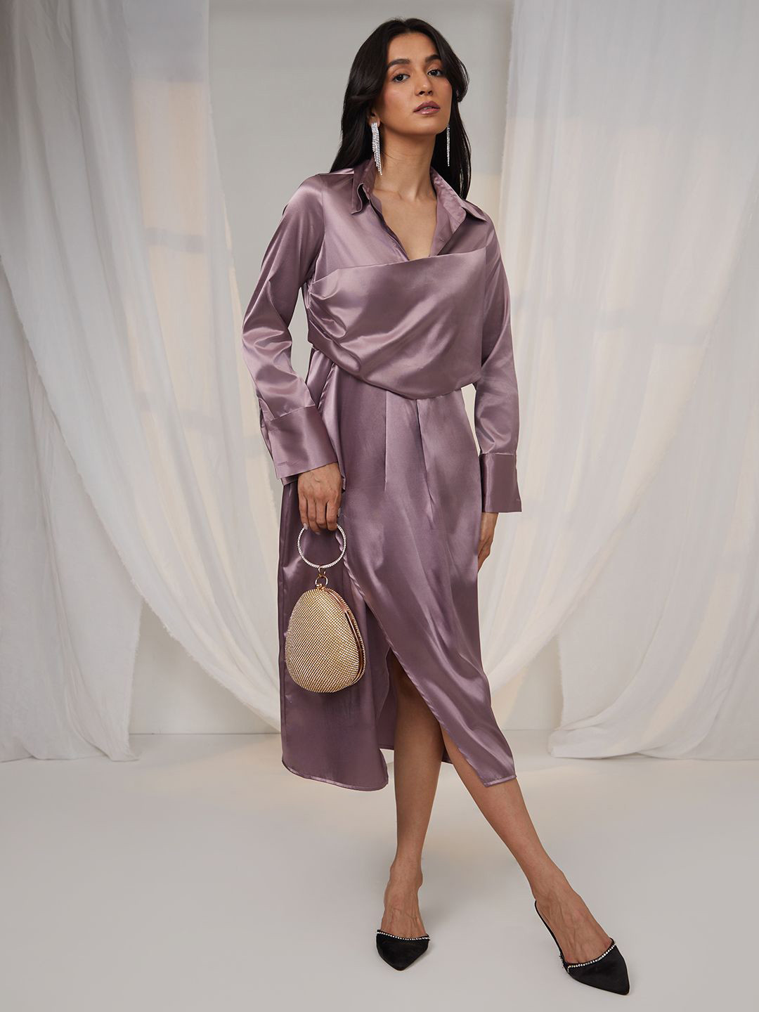 PINACOLADA Sheen Draped Shirt Midi Dress