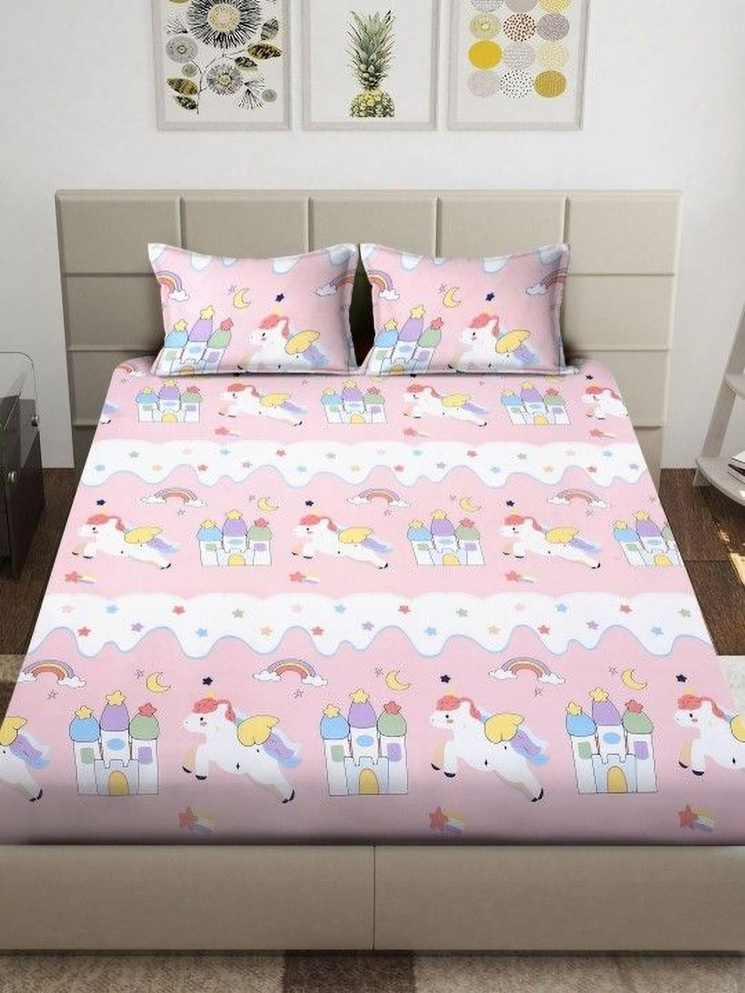 KIDS WONDERS Pink Cartoon Characters Microfiber 160 TC King Bedsheet with 2 Pillow Covers-90 x 100 inches