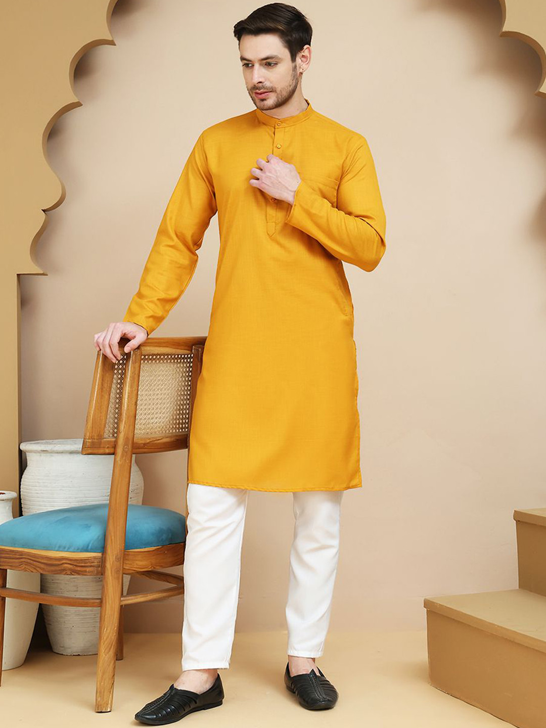 Anouk Mirage Band Collar Pure Cotton Straight Kurta With Pyjamas