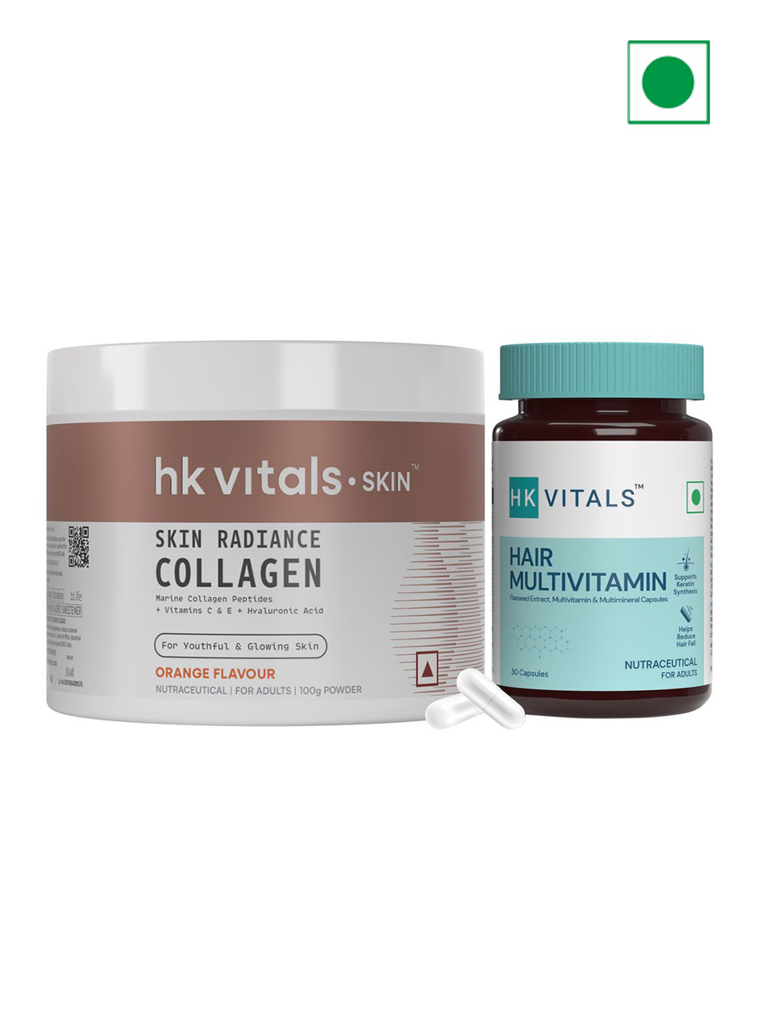HK VITALS Set Of 2 Hair Multivitamin- 30 Capsules & Skin Radiance Collagen- Orange- 100 g
