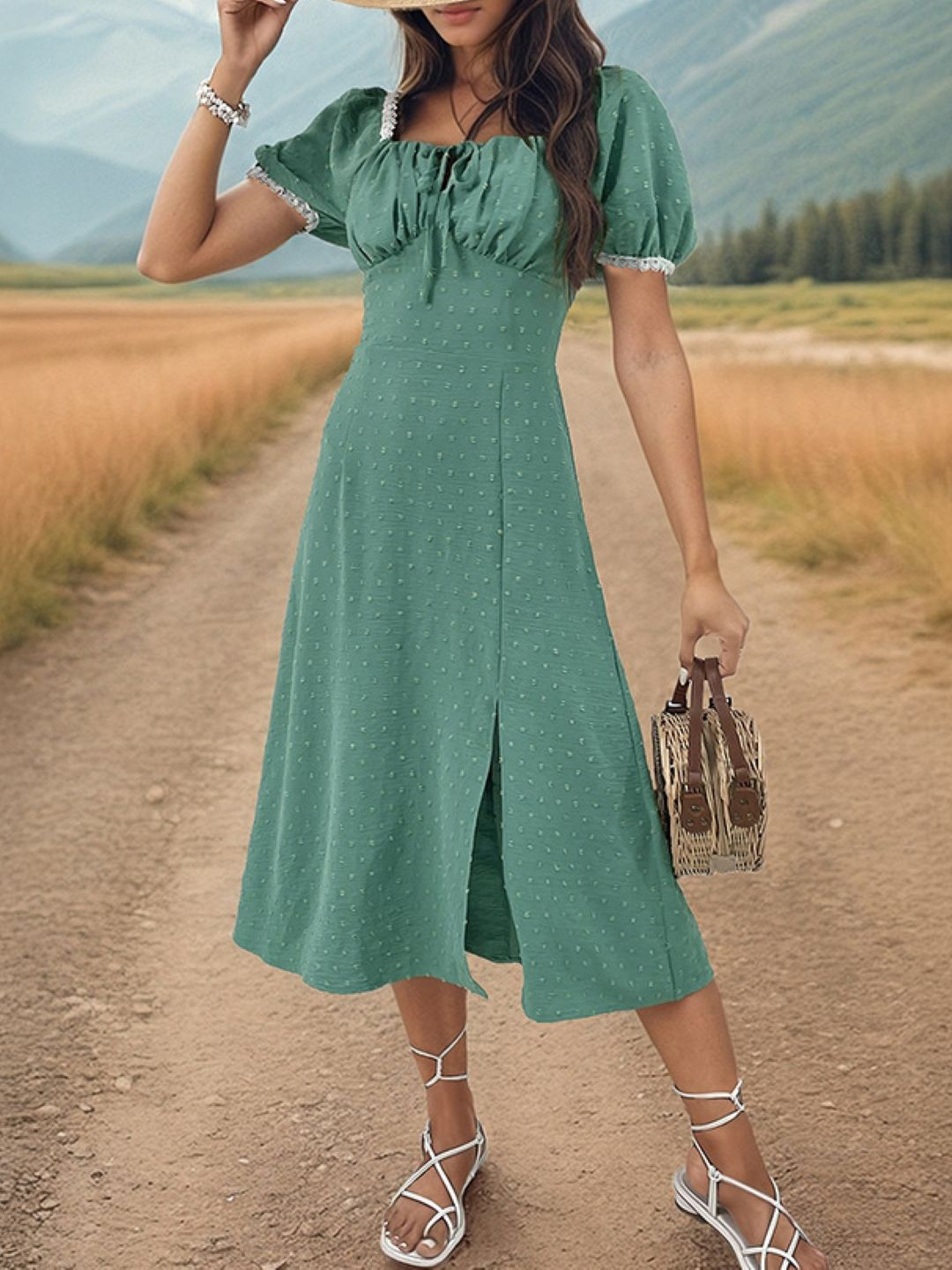 Green Self Design Empire Midi Dress with Puff Sleeves