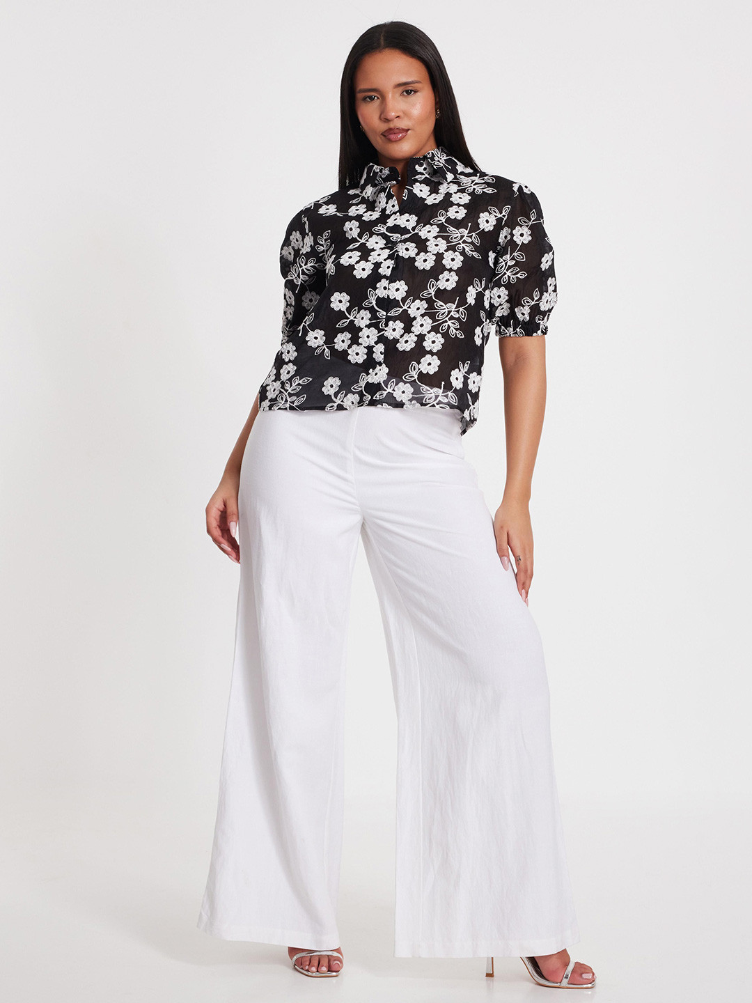 QUIZ Floral Embroidered Puff Sleeve Shirt Style Top