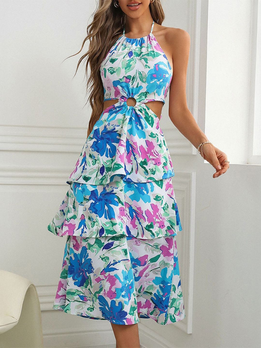 StyleCast Women Floral Printed Cut-Outs Detail Layered A-Line Midi Dress