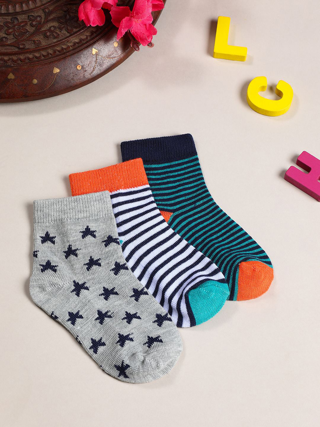 YK Infant Boys Pack Of 3 Pair Striped Ankle-Length Socks