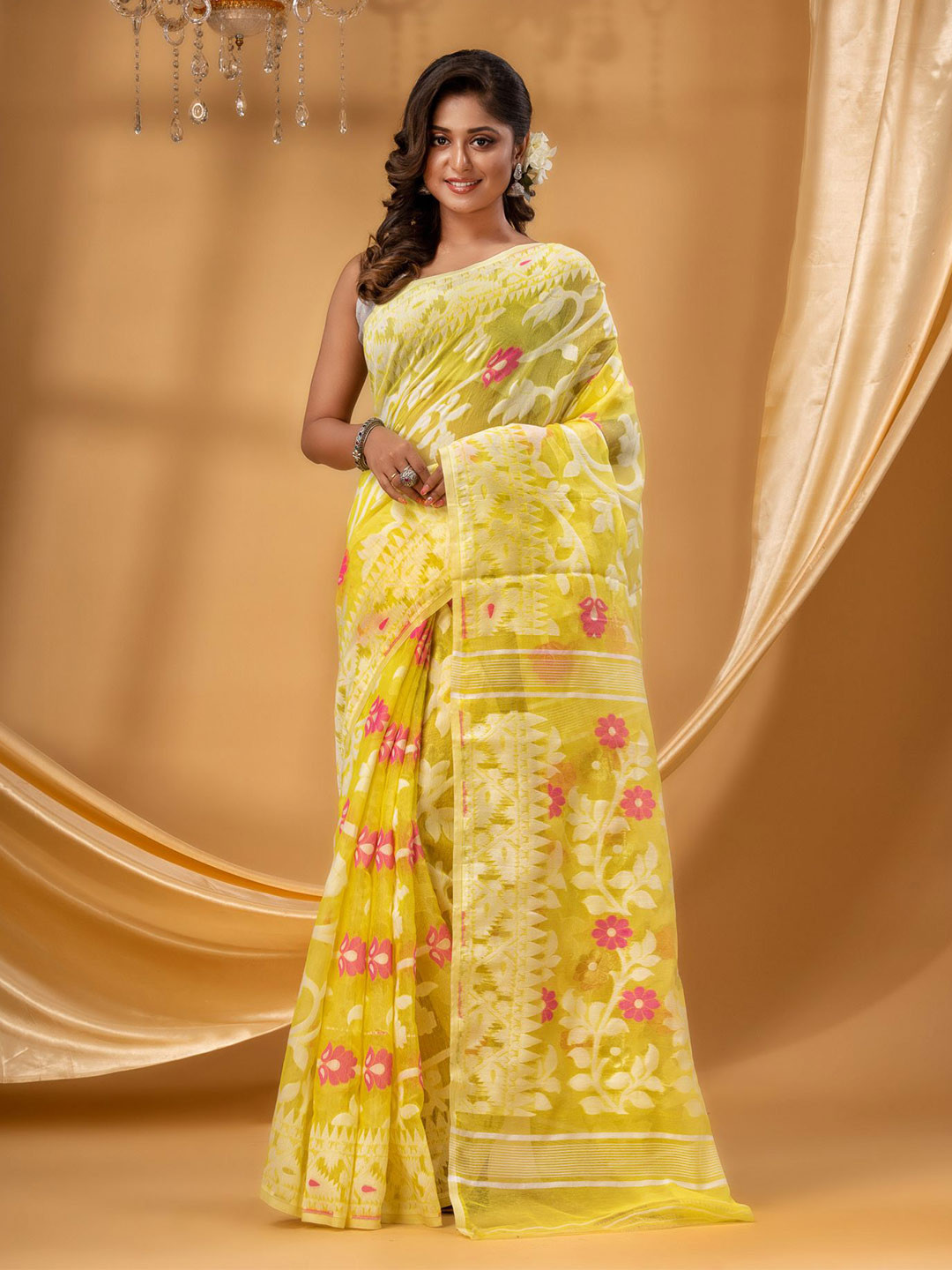 DESH BIDESH Woven Design Floral Printed Pure Cotton Jamdani Saree