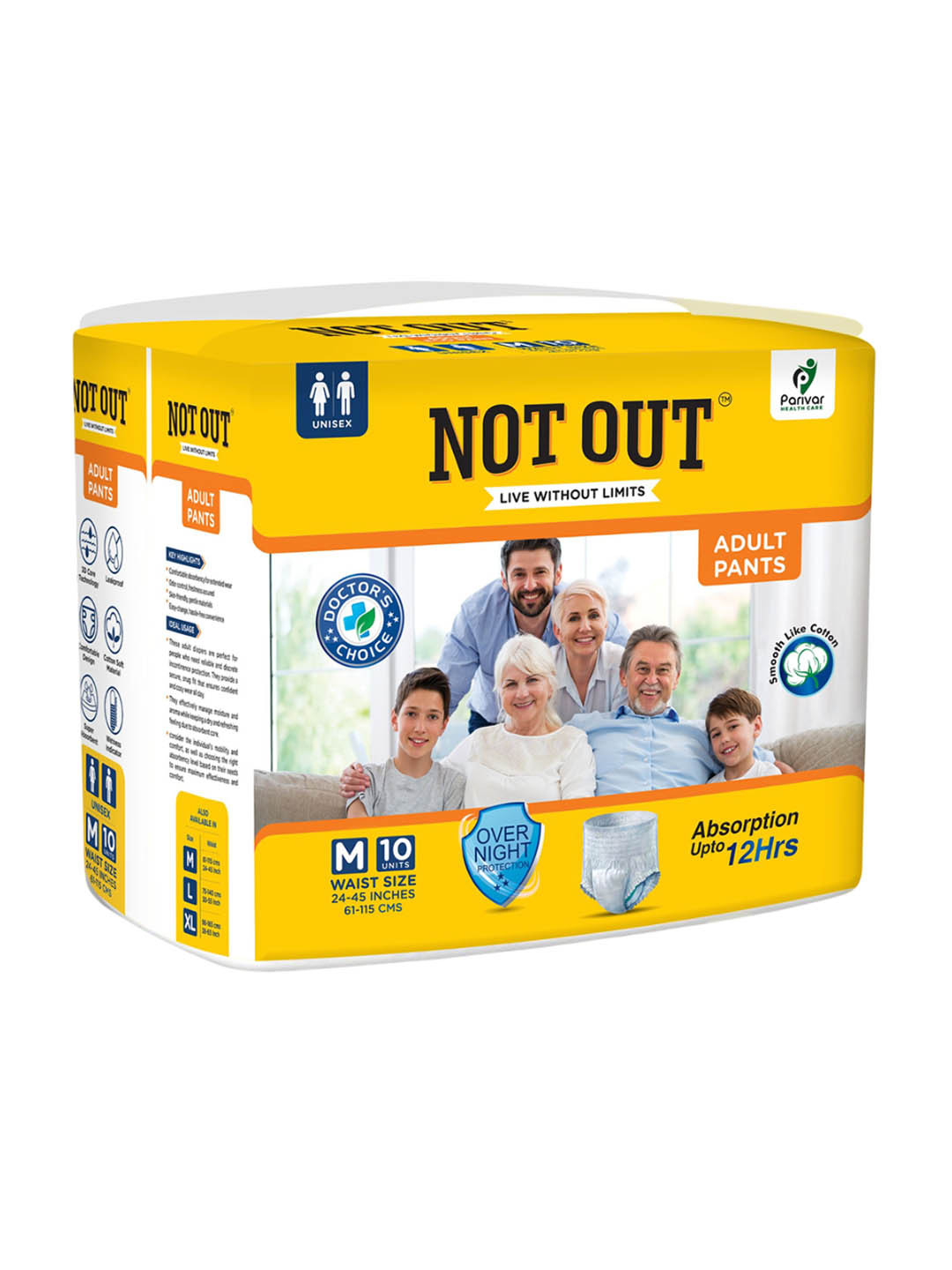Not Out Unisex 3D Core Technology Adult Diapers - 10 Pieces - M