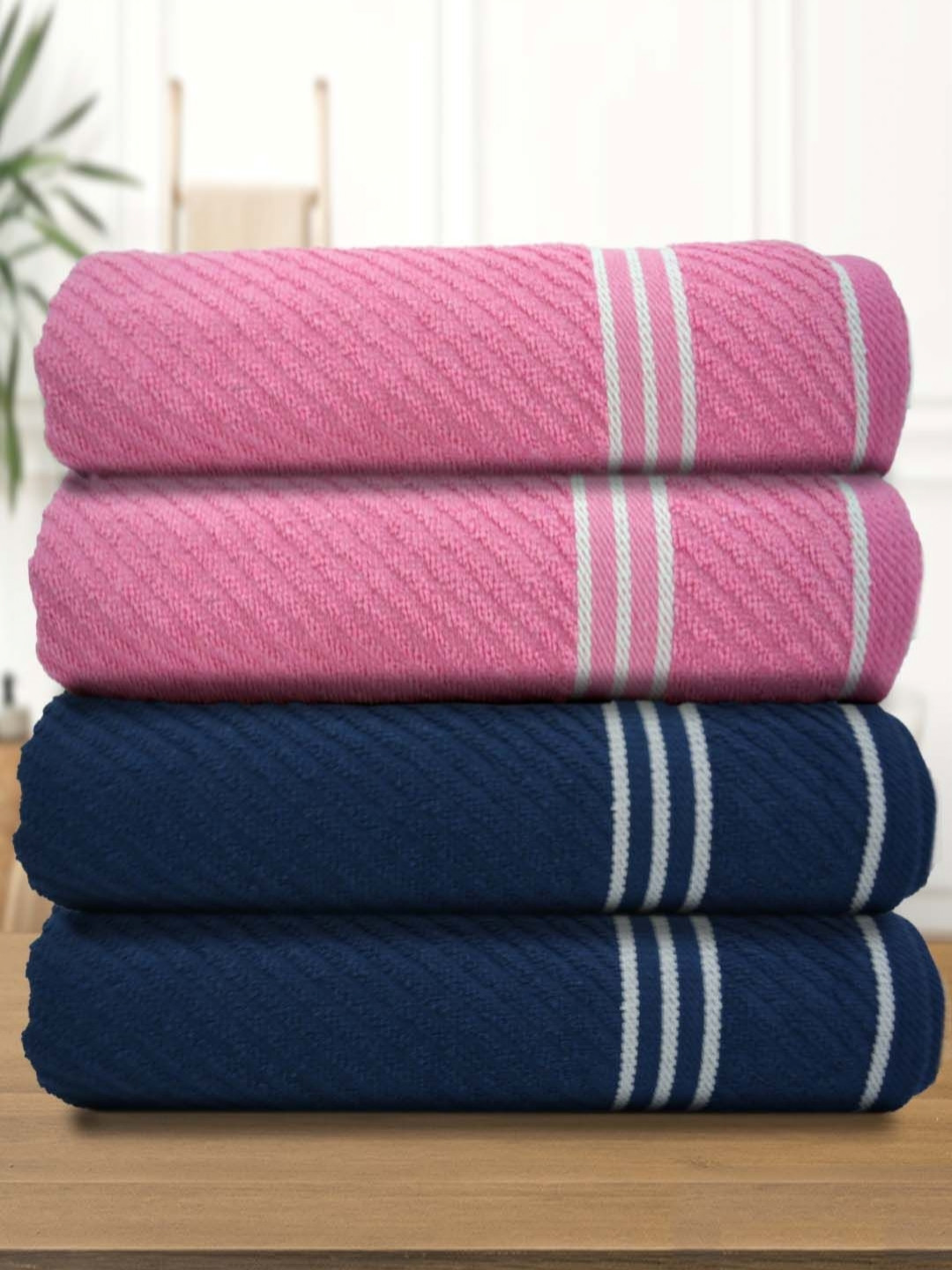 Myntra Elegant Homes Pink And Navy Blue 4 Pieces Cotton 400 GSM Bath Towels