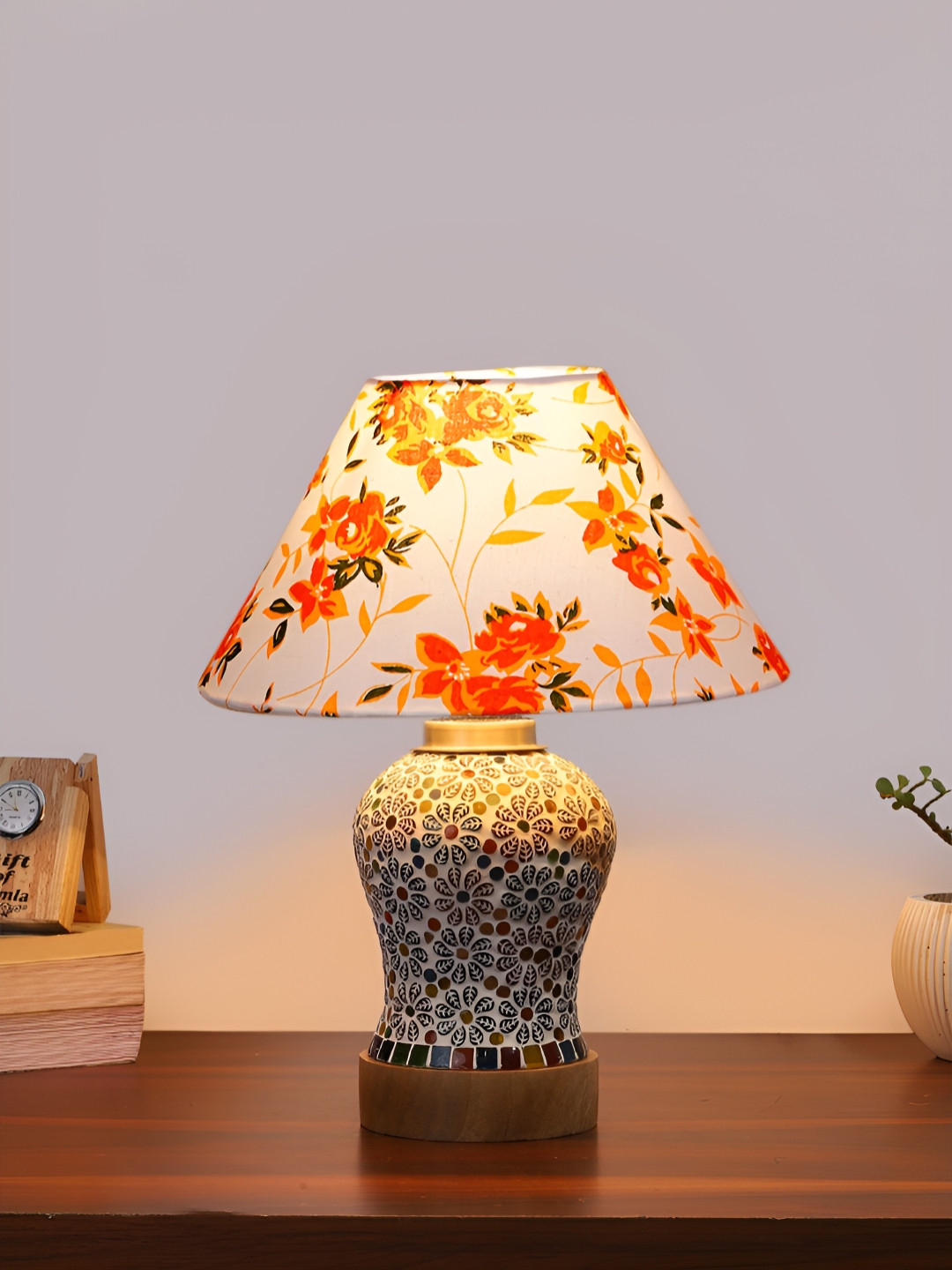 Aura Conical White & Orange Colored Floral Printed Glass Frustum Shaped Table Lamp