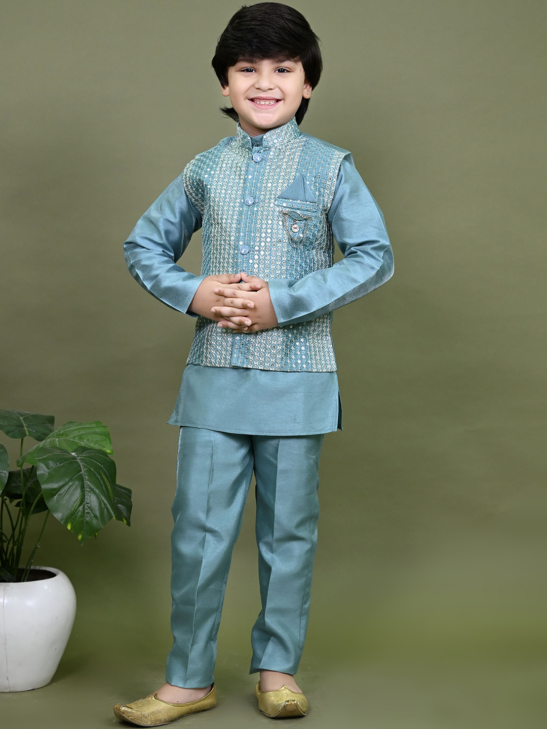 BT DEZINES Boys Band Collar Straight Cotton Silk Kurta With Trousers & Nehru Jacket