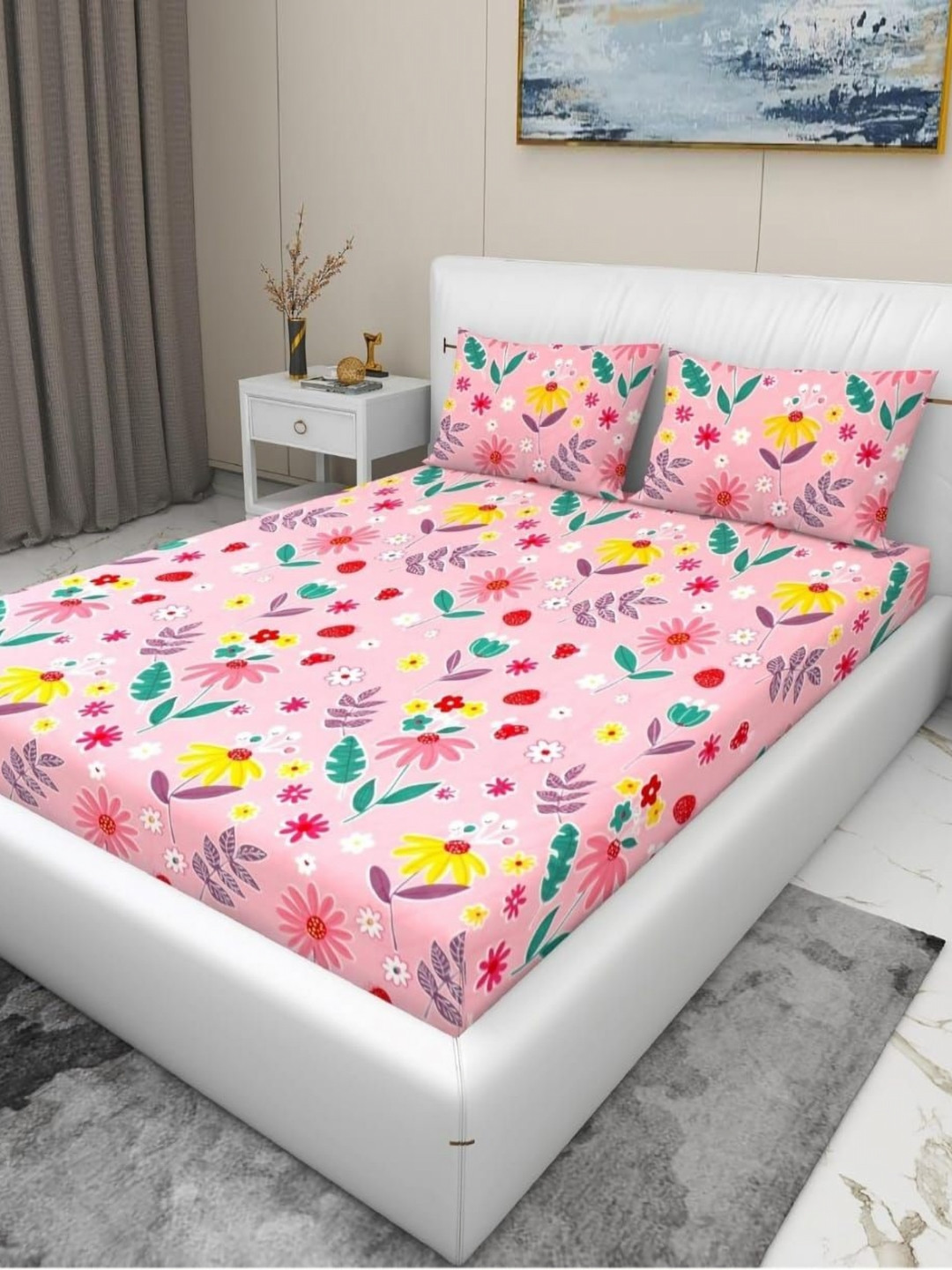 KIDS WONDERS Pink Floral Microfiber 160 TC Fitted King Bedsheet with 2 Pillow Covers-71 x 75 inches