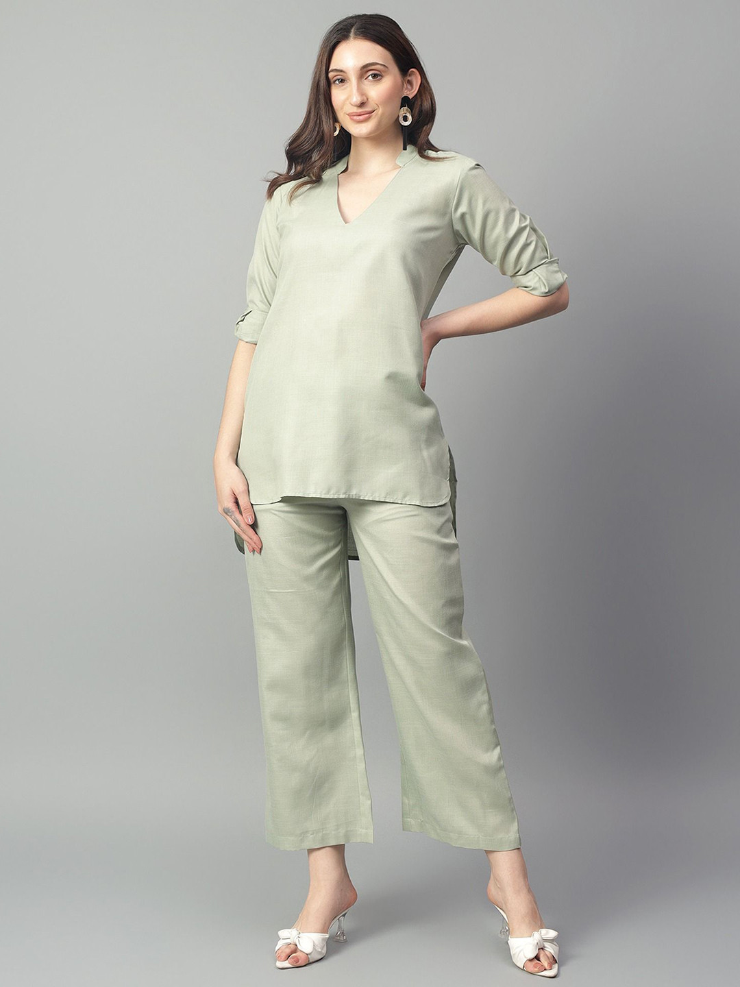 BEACH & HILL Mandarin Collar Linen Tunic With Trousers