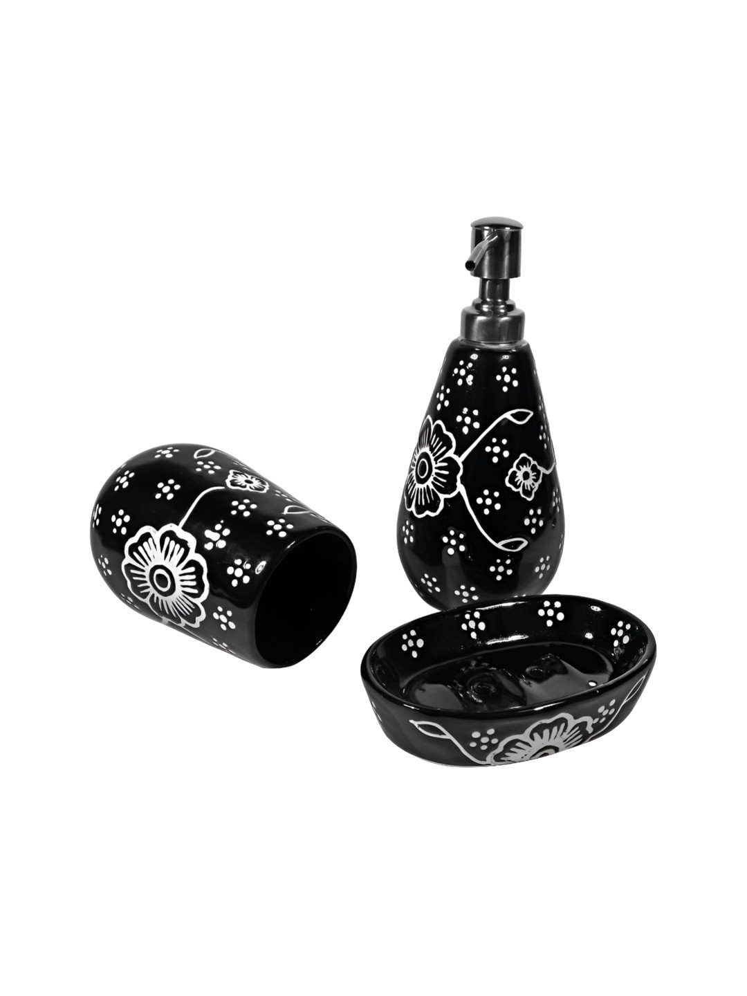 Amoorcart Black 3 piece Floral Ceramic Bath Accessories Set
