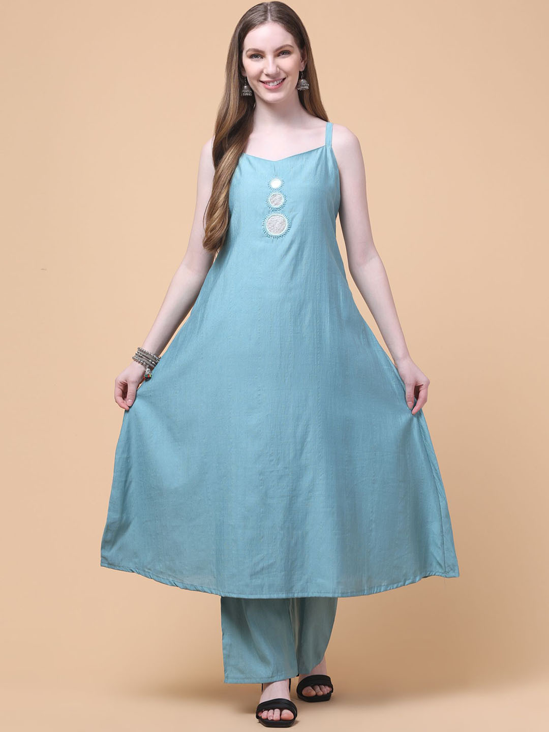 Charitra Sweetheart Neck Mirror Work A-Line Kurta With Palazzos
