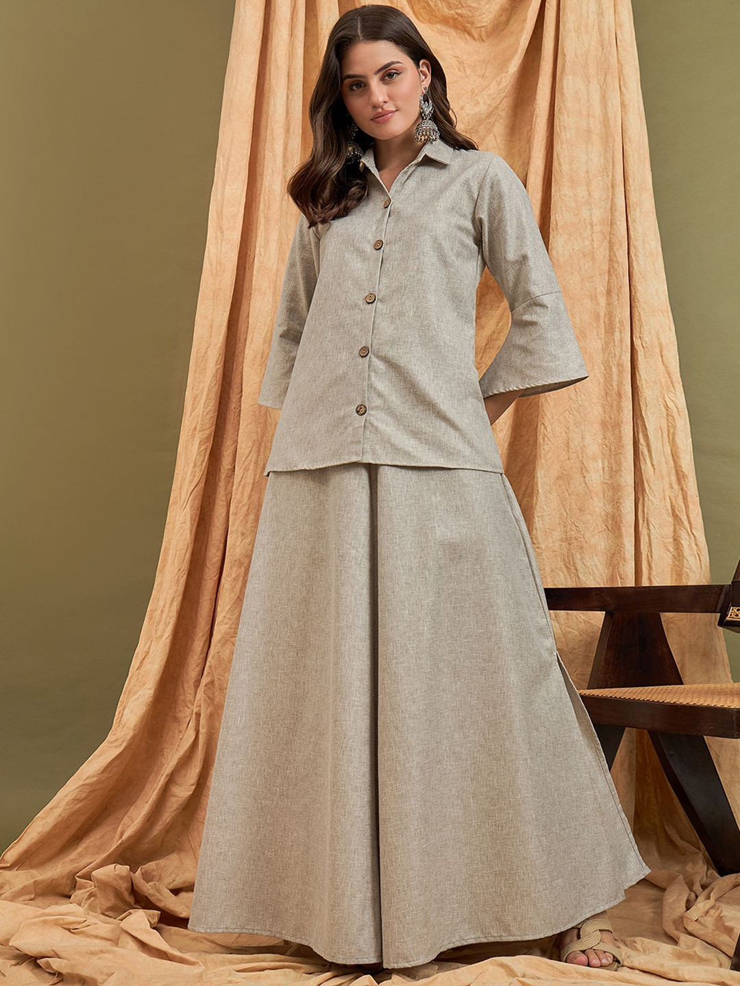 InWeave Three-Quarter Sleeves Linen Shirt With Skirt