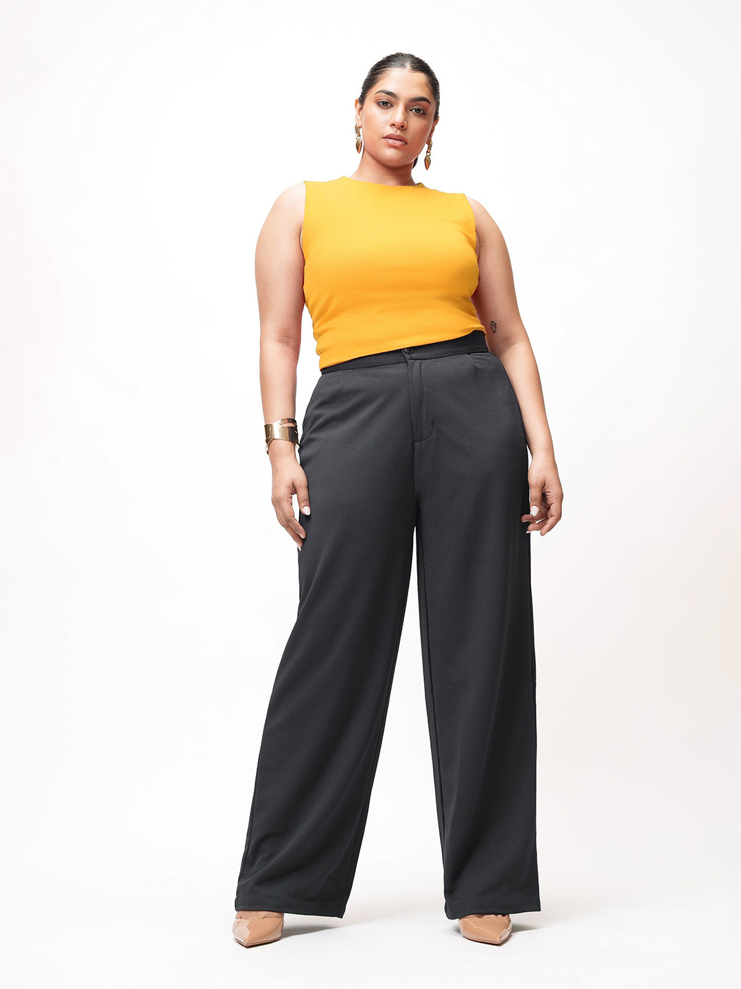 FREAKINS Women Plus Size Straight Fit Self Design High-Rise Korean Pants Trousers