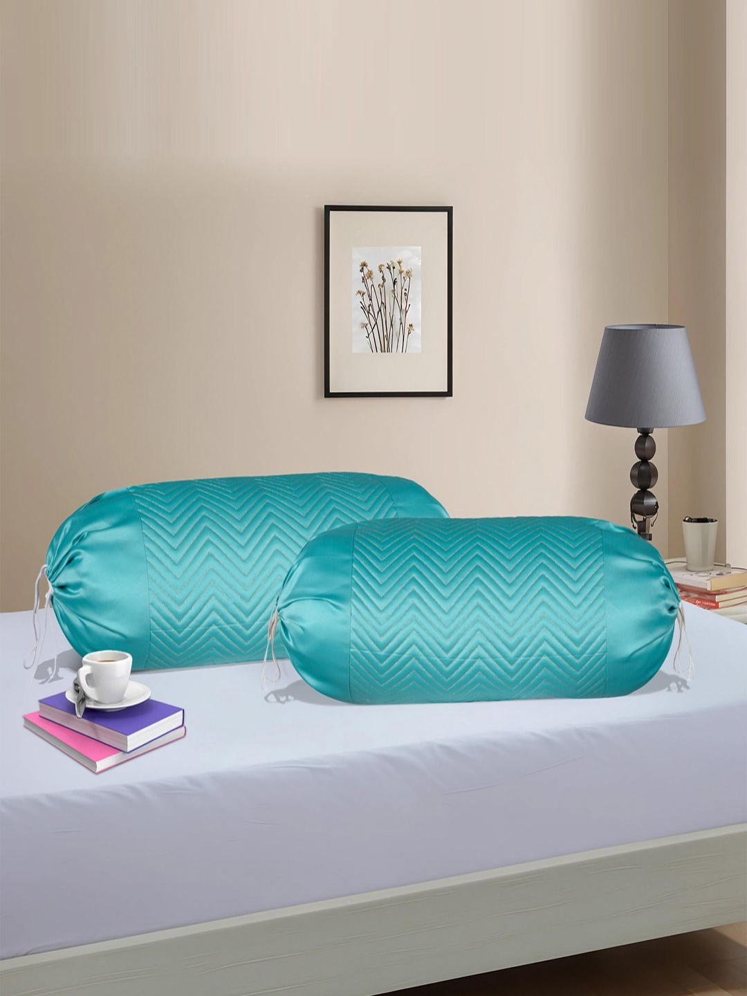 Myntra Elegant Homes Green 2Pcs Zig-Zag Quilted Breathable Bolster Covers