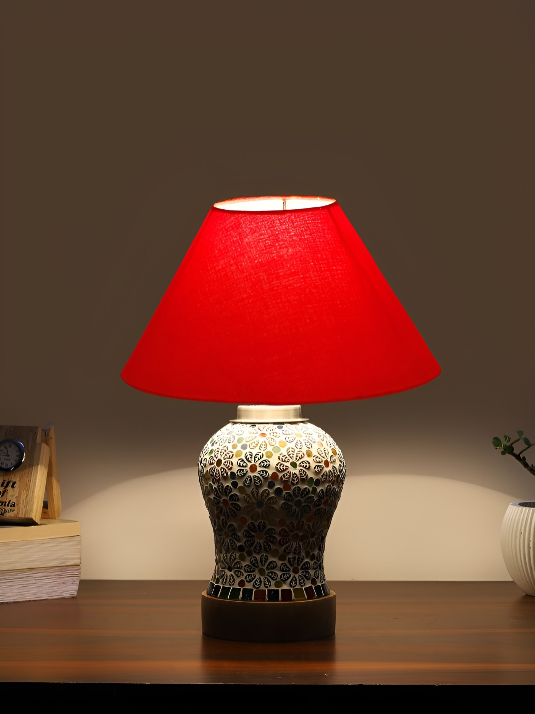 Aura Conical Red & White Printed Glass Frustum Shaped Table Lamp