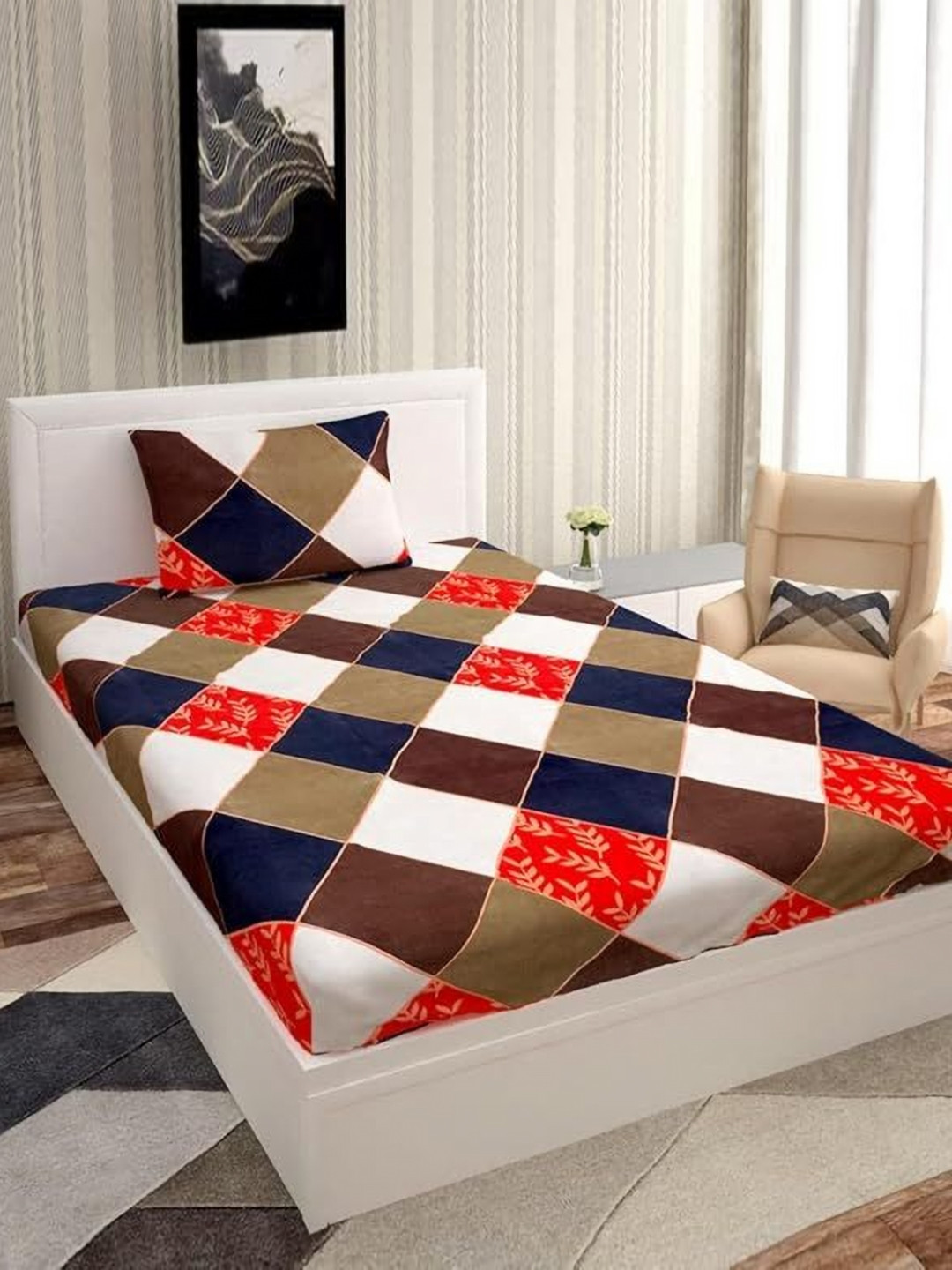 METRO LIVING Blue Geometric Microfiber 140 TC Single Bedsheet with a Pillow Cover-85 x 57 inches