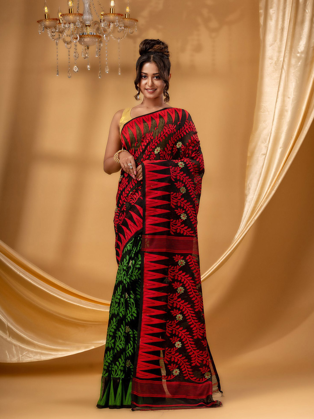 DESH BIDESH Woven Design Tamarind Leaf Pure Cotton Jamdani Saree