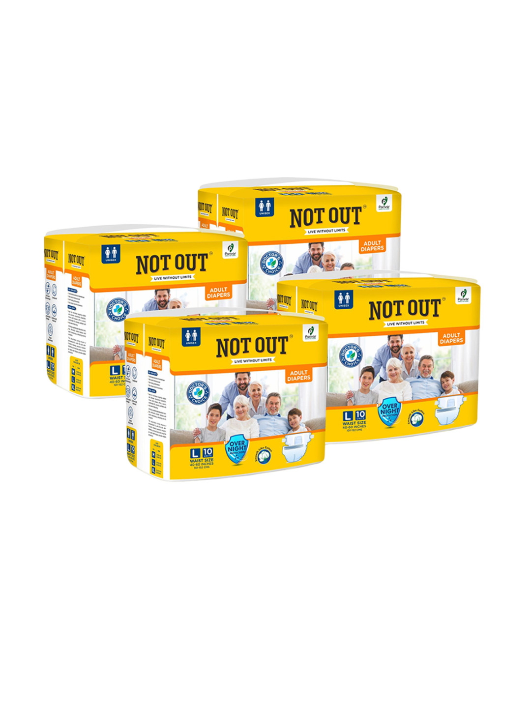 Not Out Unisex Pack Of 4 3D Core Technology Diapers - 10 Pcs Each - L