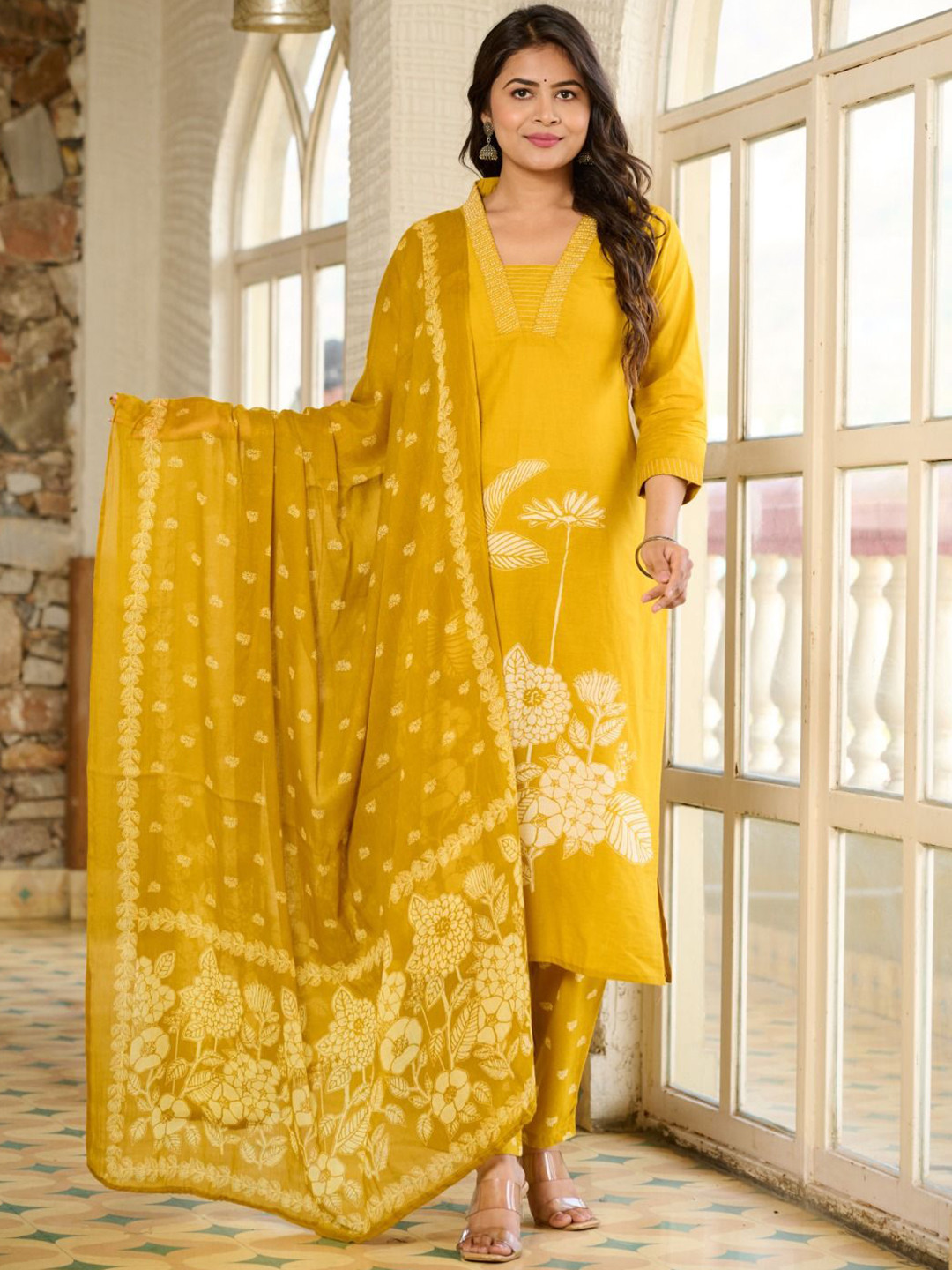 AAYUFAB Floral Printed Square Neck Thread Work Pure Cotton Kurta With Trousers & Dupatta