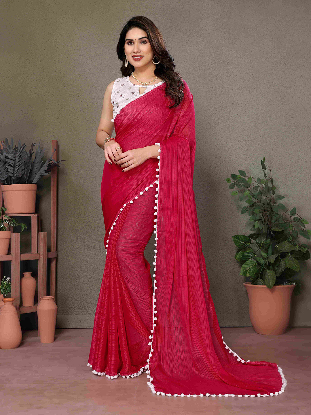 CATCHY FOREVER Solid With Embroidered Border Zari Saree