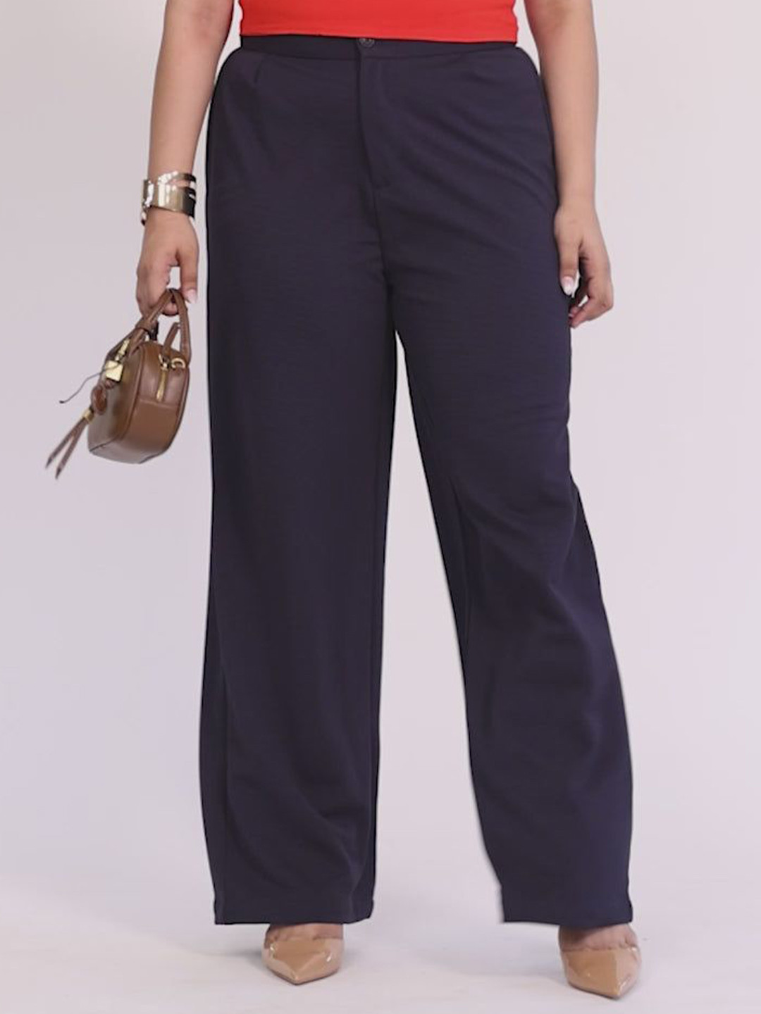 FREAKINS Women Plus Size Straight Fit Self Design High-Rise Korean Pants Trousers