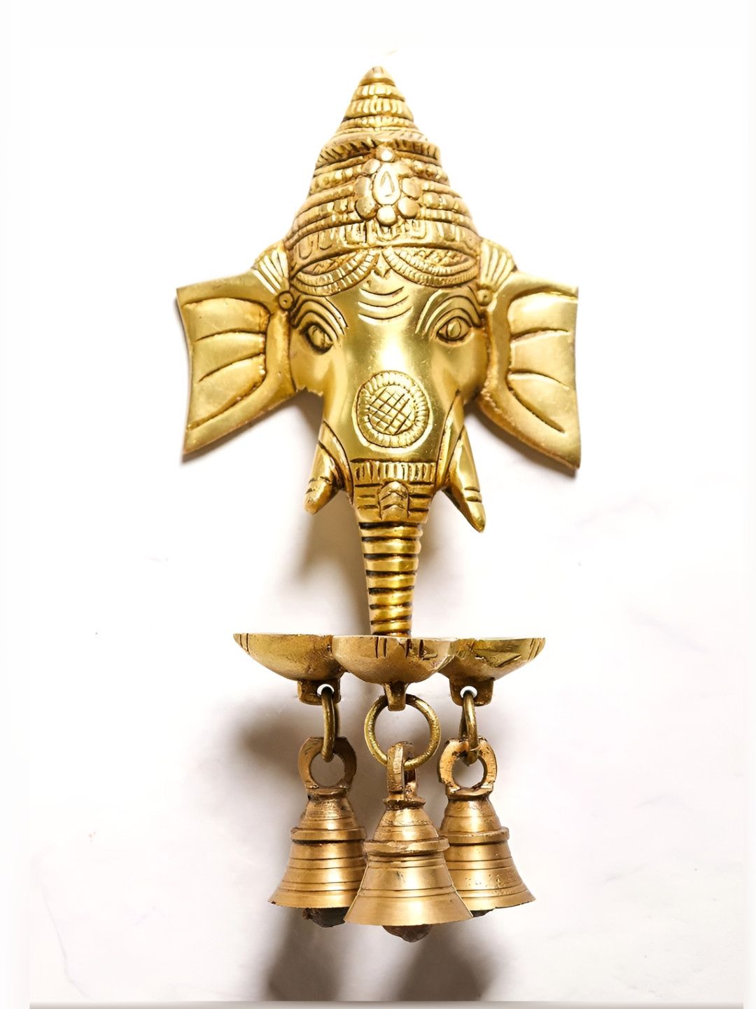The Spiritual Living Yellow Textured Ganpati Style Three Oil Wick Diya With Bells